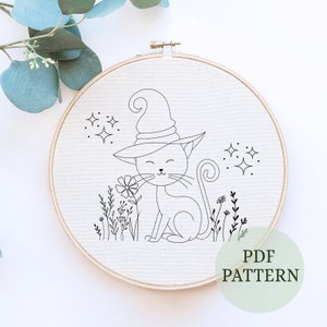 Halloween hand embroidery pattern pdf, fall autumn embroidery, cat, digital pdf pattern, Halloween decoration, wall hanging art, autumn