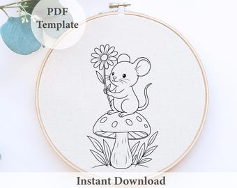 Cottagecore Mouse Embroidery Pattern: Mushroom & Flower Design (PDF Downloadable