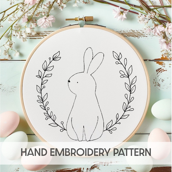 Bunny Embroidery Pattern, Over the Garden Gate, Rabbit Floral hand Embroidery Design PDF DIY Pattern, Easter hand Embroidery, Easter Crafts