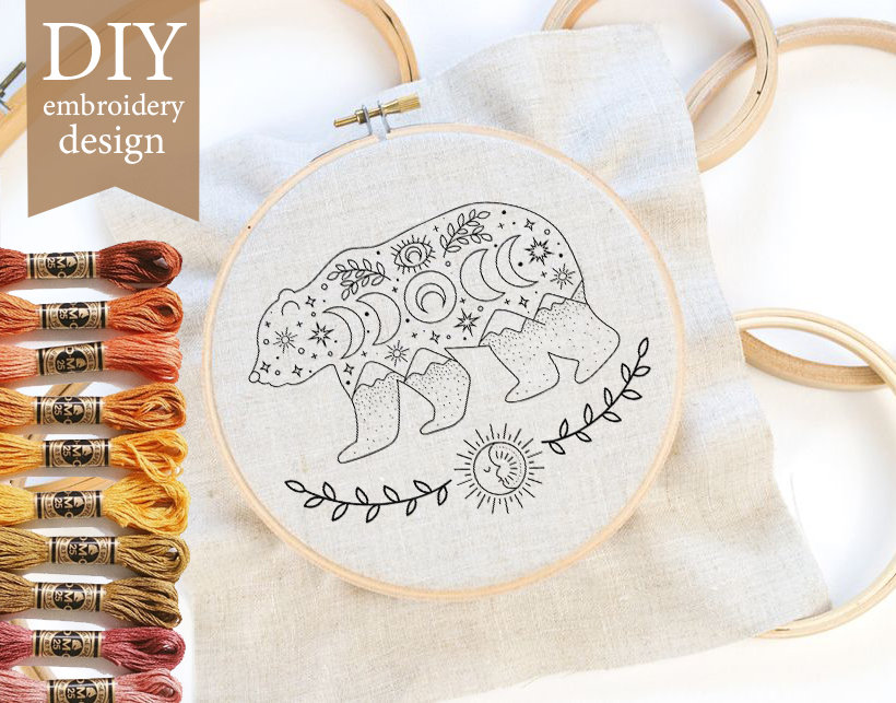 Bear Hand Embroidery Pattern Pdf Celestial Design Beginner Etsy