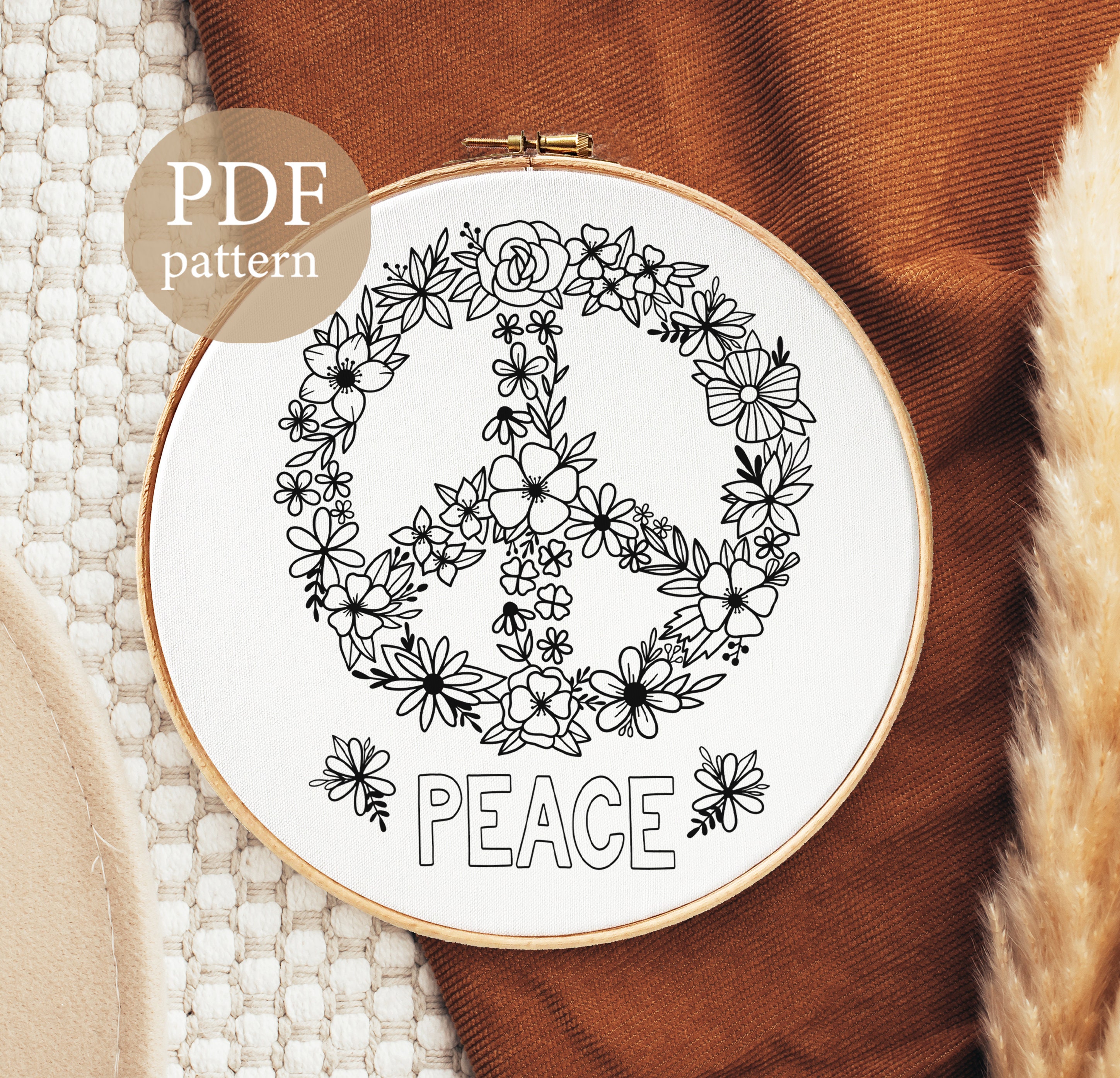 Floral Peace Sign Hand Embroidery Pattern: Modern DIY Design