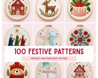 Christmas Hand Embroidery Pattern Bundle PDF, 100 Holiday & Winter Template Designs, Beginners crafts