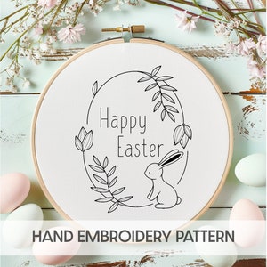 Easter Bunny hand embroidery • Embroidery pattern • PDF • Digital Download • flower embroidery • spring embroidery designs, Happy Easter DIY