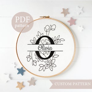 Padrão de bordado personalizado em pdf, padrão de bordado para iniciantes em pdf, padrão de berçário floral, padrão de bordado com nome personalizado