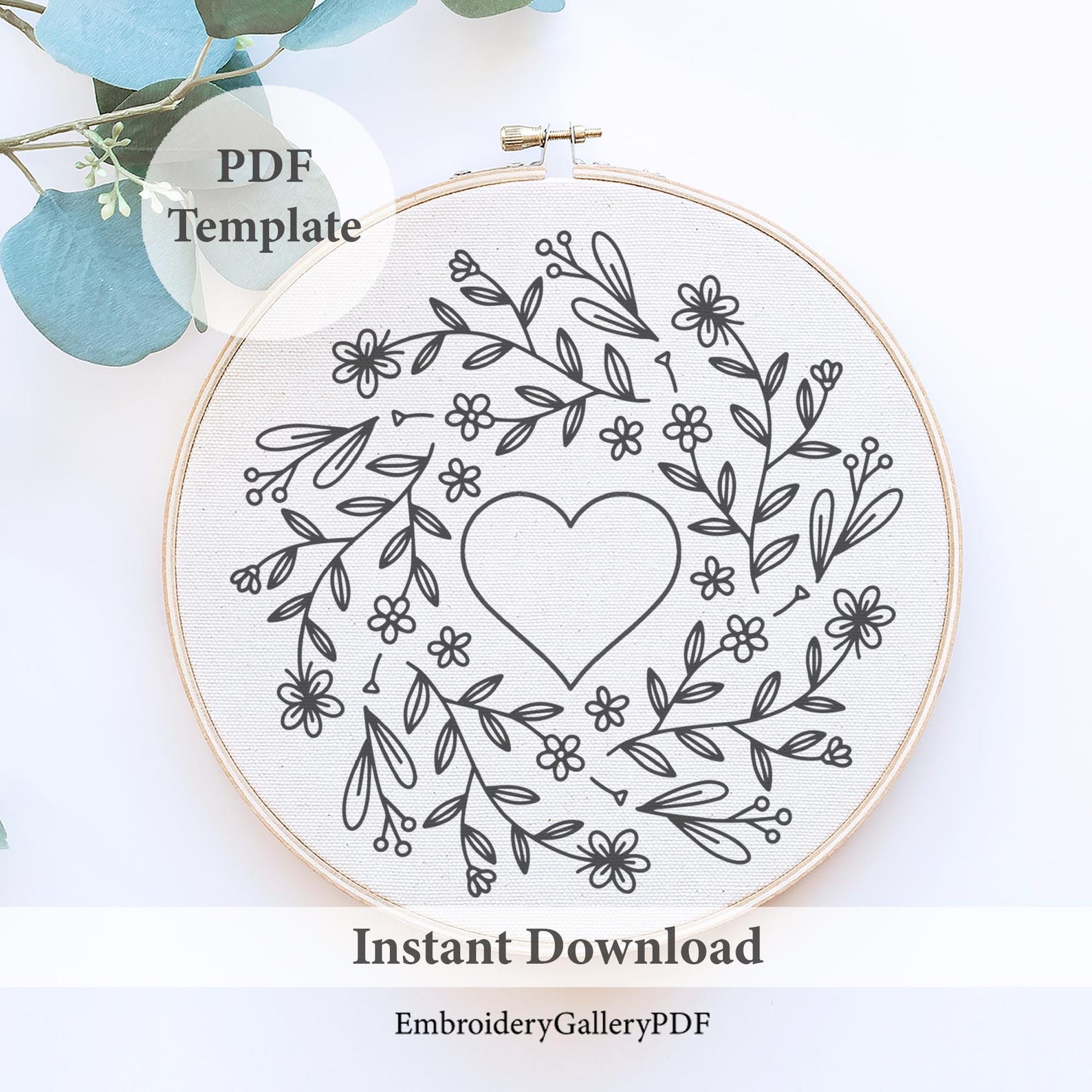 Floral Heart Wreath Embroidery Pattern, DIY Wedding Gift (pdf/digital ...