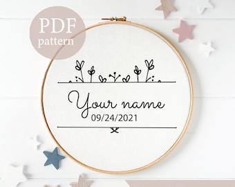 Floral Name Hoop Pattern, Embroidery Hoop Art PDF Pattern, Digital download, Embroidery Pattern, Personalise yourself, Birth Gift ,Idea gift