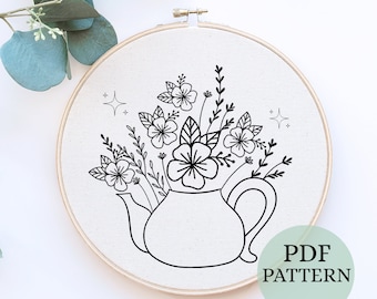 Puede incluir: Patrón de bordado de línea en blanco y negro de una tetera con flores dentro. El patrón está en un aro y dice "PDF PATTERN" en la parte inferior.