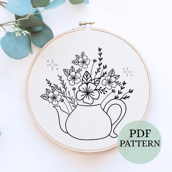 Flower Tea Pot Embroidery, Tea Flower Embroidery, Hand Embroidery, Instant Download, DIY Embroidery, Kettle Embroidery, Gift For Tea Lover