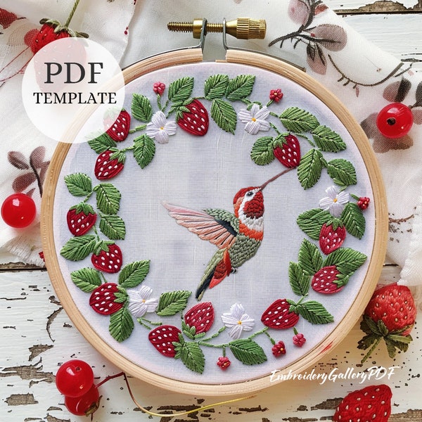 Strawberries wreath Embroidery, PDF Pattern, Cute Strawberry Decor, Embroidery Design, Hummingbird Embroidery, Kitchen Decor, summer crafts