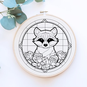 DIY Raccoon Embroidery design, hand embroidery pattern, hand embroidery animal, gift idea,handmade crafts, easy crafts, stained glass style