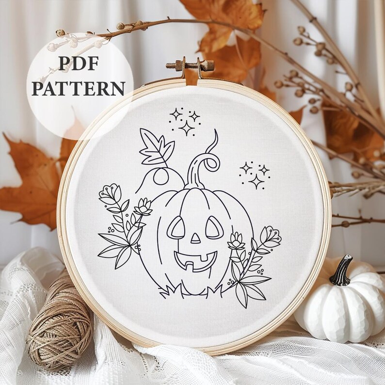 Halloween Gift Idea Autumn Craft Project Embroidery Bundle Handmade Keepsake Seasonal Hoop Art Fall Decoration Cute Spooky Design Ghost Pumpkin Witch Floral Motif Six Sizes PDF Digital Download