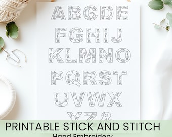 Peut inclure: Lettres de l'alphabet imprimables avec des motifs floraux, parfaites pour la broderie au point de croix. Les lettres sont de A à Z et le chiffre 8. Le texte sous les lettres indique "Printable Stick and Stitch Hand Embroidery".