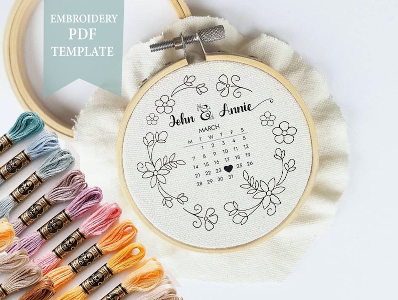 Wedding Calendar Anniversary Calendar Boho Wreath Embroidery Etsy