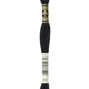 May include: A black DMC embroidery floss skein with a gold label that reads "DMC Special Mouliné 25 8.7 yd (8 m)" and "310".