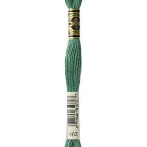 Könnte beinhalten: Ein Knäuel DMC Stickgarn in Farbe 163, einem mittleren Grünton. Das Garn ist auf einer weißen Karte mit einem schwarzen und goldenen Etikett mit der Aufschrift "DMC Mouline Special 25 8 m (8.7 yds)" und einem Barcode aufgewickelt.