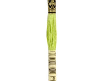 May include: A skein of DMC embroidery floss in shade 16, a bright lime green color. The floss is wrapped around a cardboard spool with a gold label that reads "DMC" and "25" for the length of the floss. The label also includes a barcode and the number "16" printed on the bottom.