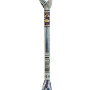 May include: A single skein of embroidery floss in shades of blue, pink, and white. The floss is wrapped with a paper label that includes the brand name and the number 4214. The floss is tightly wound at both ends.