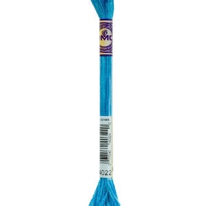 May include: A single skein of DMC embroidery floss in a vibrant turquoise blue. The floss is wrapped and labeled with a white and black barcode sticker and a purple and gold DMC label. The color code is 1022.