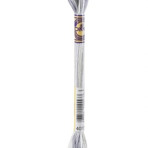 May include: A single skein of DMC embroidery floss in a light gray color, labeled with a yellow and purple band. The floss is tightly wound at both ends and features a barcode and the number 401 on the label.