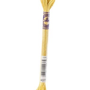 May include: A skein of DMC embroidery floss in a pale yellow color, labeled with a purple and white band. The floss is tightly wound, with a barcode and the number 4075 visible on the label. Ideal for cross-stitch and embroidery projects.