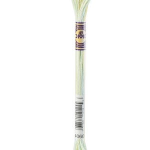 May include: A skein of embroidery floss in shades of pale green and white. The floss is wrapped and labeled with the number 4060. The label also includes the brand name and other details. Ideal for embroidery and cross-stitch projects.