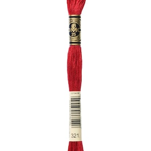 May include: A spool of DMC embroidery floss in color 321, a bright red. The floss is wound around a white cardboard spool with a gold label that reads "DMC Special Mouliné 25m (8.7 yds)" and a barcode.