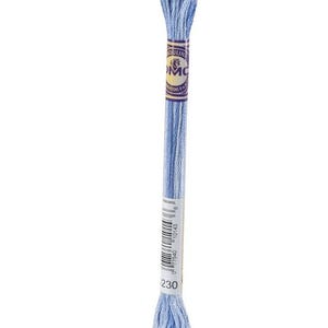 May include: A skein of DMC embroidery floss in a light blue color, labeled with the number 230. The floss is tightly wound at the top and bottom, with a label featuring the DMC logo and product information.