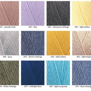 May include: A collection of yarn skeins in various colours, including powder pink, lilac, dark grey melange, light yellow, grey, denim melange, dark yellow, light beige, khaki melange, midnight blue, light turquoise, and blue melange. Each skein is labelled with a number and colour name.