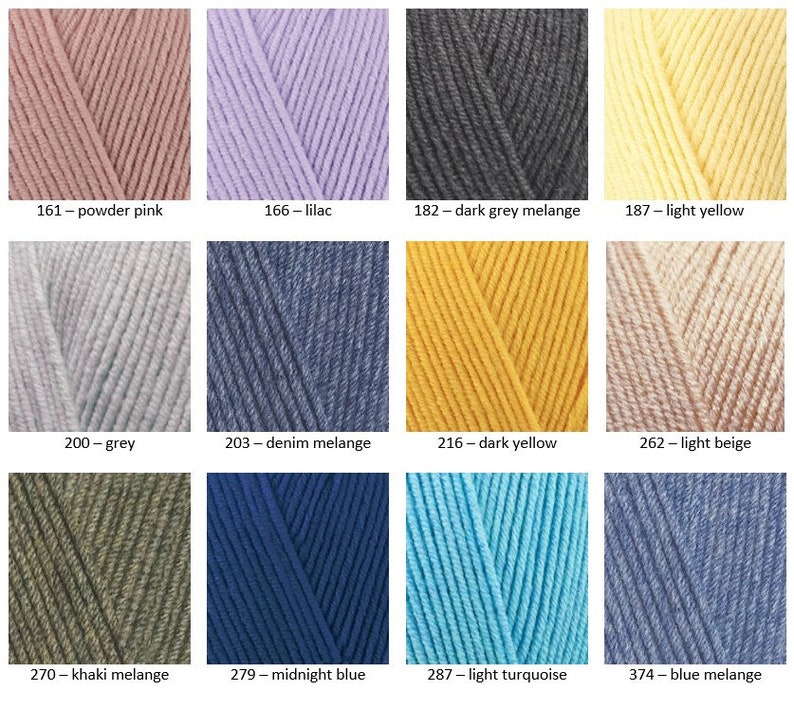 May include: A collection of yarn skeins in various colours, including powder pink, lilac, dark grey melange, light yellow, grey, denim melange, dark yellow, light beige, khaki melange, midnight blue, light turquoise, and blue melange. Each skein is labelled with a number and colour name.