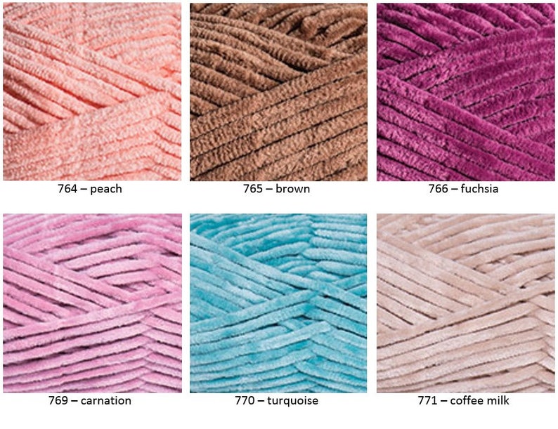 K&ouml;nnte beinhalten: Sechs Kn&auml;uel Garn in verschiedenen Farben: Pfirsich, Braun, Fuchsia, Nelke, T&uuml;rkis und Cappuccino. Das Garn ist eine flauschige, strukturierte Art.