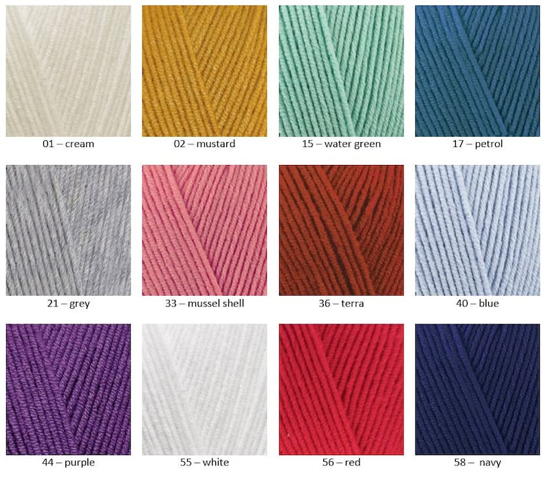 May include: A colour chart showing 12 different yarn colours. The colours are: cream, mustard, water green, petrol, grey, mussel shell, terra, blue, purple, white, red, and navy.