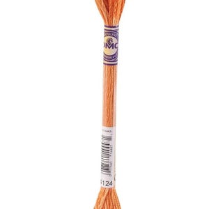 May include: A single skein of DMC Mouline embroidery floss in a light orange color. The label features the DMC logo and product information. The floss is tightly wound at both ends and has a barcode and the number 124 printed on the label.