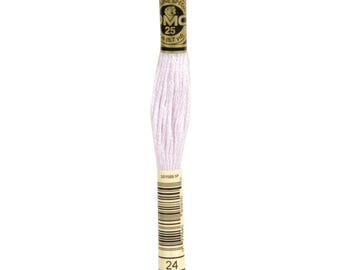May include: A spool of DMC embroidery floss in color 24, a light purple shade. The spool is labeled with the DMC logo and the number 24.
