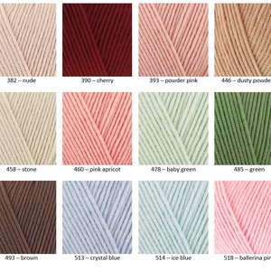 May include: A colour chart of yarn samples in various shades of pink, red, green, blue, brown, and beige. The yarn samples are arranged in a grid pattern with the colour name and number listed below each sample.