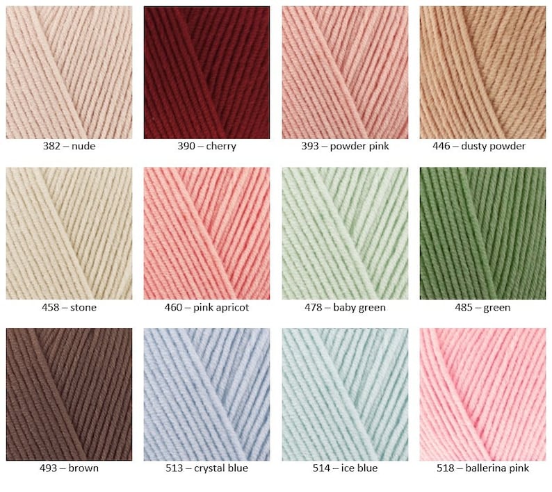 May include: A colour chart of yarn samples in various shades of pink, red, green, blue, brown, and beige. The yarn samples are arranged in a grid pattern with the colour name and number listed below each sample.