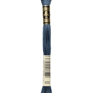 May include: A skein of DMC embroidery floss in colour 930, a deep blue shade. The floss is wound on a white card with the DMC logo and the colour number printed on it.