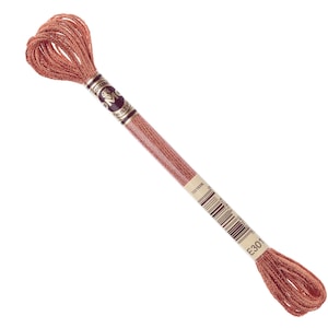 May include: A spool of embroidery floss in a warm orange colour. The floss is wound around a cardboard spool with a label that reads "DMC E301".