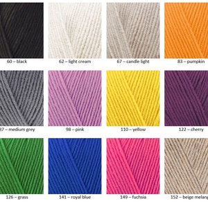 May include: A colour chart showing yarn samples in various colours, including black, light cream, candle light, pumpkin, medium grey, pink, yellow, cherry, grass, royal blue, fuchsia, and beige melange.