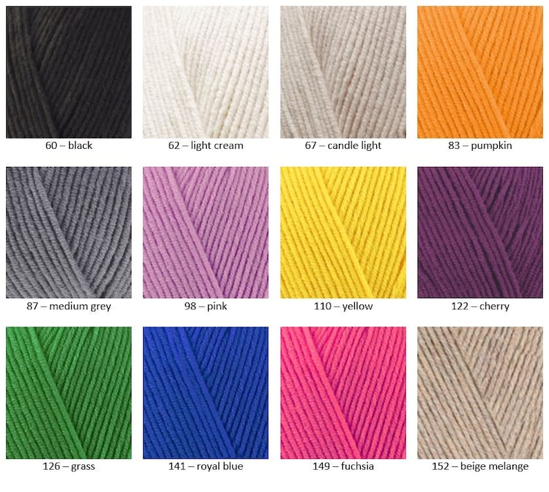May include: A colour chart showing yarn samples in various colours, including black, light cream, candle light, pumpkin, medium grey, pink, yellow, cherry, grass, royal blue, fuchsia, and beige melange.