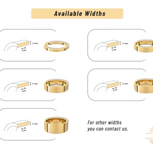 Op de afbeelding: Diagrammen van gouden ringen met verschillende breedtes. De afbeelding toont zijaanzichten en bovenaanzichten van de ringen, met afmetingen in millimeters. De tekst "Available Widths" staat bovenaan en "For other widths you can contact us" staat onderaan.