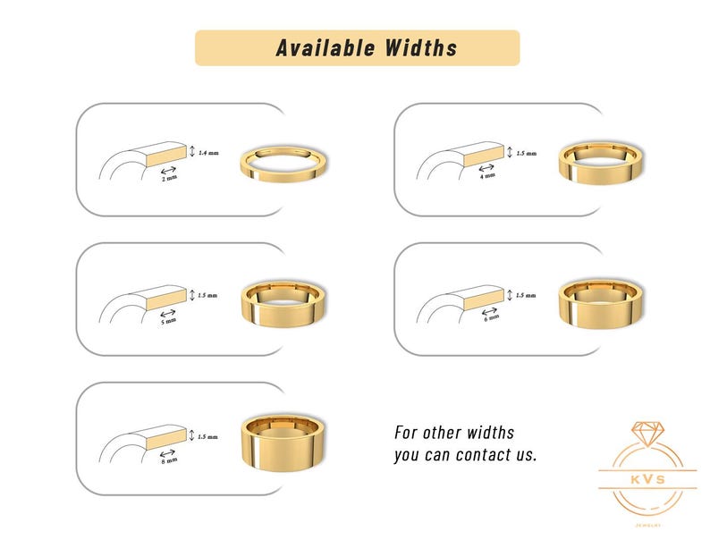 Op de afbeelding: Diagrammen van gouden ringen met verschillende breedtes. De afbeelding toont zijaanzichten en bovenaanzichten van de ringen, met afmetingen in millimeters. De tekst "Available Widths" staat bovenaan en "For other widths you can contact us" staat onderaan.