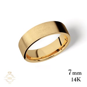 14K Yellow Gold 7mm FLAT Wedding Band Ring MATTE Brushed - Comfort Fit - Solid Gold Ring - Womens Mens Wedding Band - Free Engraving