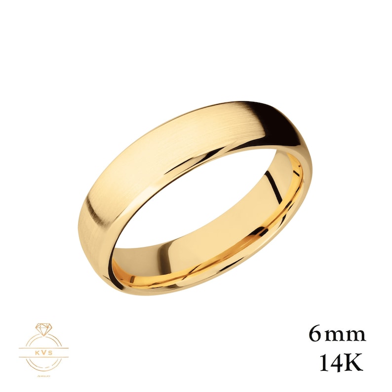 14K Yellow Gold 6mm • BEVELED EDGE • MATTE Dome • Wedding Band Ring - Comfort Fit - Polished - Solid Gold - Mens Wedding Band Free Engraving