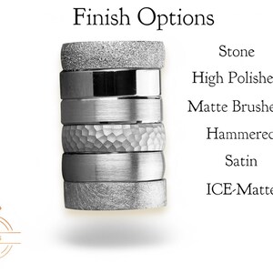 May include: A stack of six silver rings with different finishes, including stone, high polished, matte brushed, hammered, satin, and ICE-Matte.