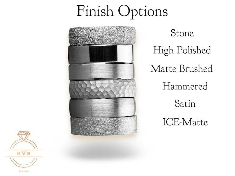 May include: A stack of six silver rings with different finishes, including stone, high polished, matte brushed, hammered, satin, and ICE-Matte.