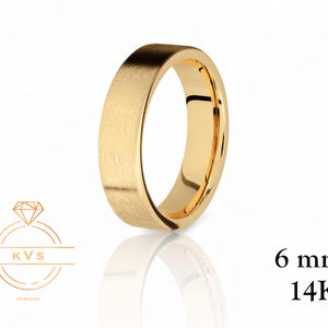 14K Yellow Gold 6mm FLAT Wedding Band Ring - Comfort Fit - ICE MATTE Finish - Solid Gold Ring -  Womens Mens Wedding Band - Free Engraving