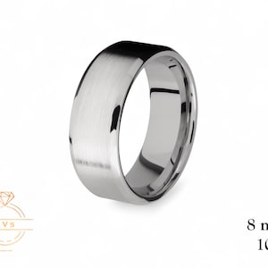 10K White Gold 8mm BEVELED EDGE Wedding Band Ring - Comfort Fit- Matte Brushed -Solid Gold Ring -  Womens Mens Wedding Band - Free Engraving