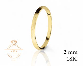 18K Yellow Gold Low Dome 2mm Wedding Band Ring - Comfort Fit - MATTE Brushed - Solid Gold Ring -  Womens Mens Wedding Band - Free Engraving