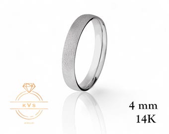 Aliança de casamento em ouro branco 14K com cúpula baixa de 4 mm - Ajuste confortável - Acabamento fosco escovado - Anel de ouro maciço - Aliança de casamento feminina e masculina - Gravação gratuita