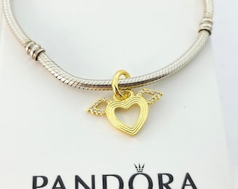 New Silver Shine Collection - 14K Gold-Plated Heart & Angel Wings Dangle Charm For Pandora Bracelet # 752362C01 w/Box